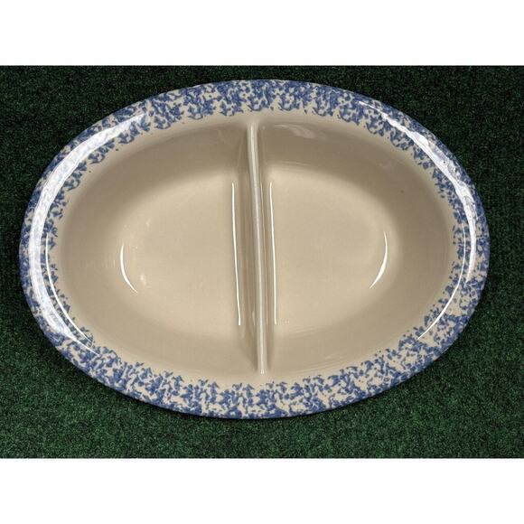 Gerald Henn Workshops Spongeware Oval Divided Dish BLUE Stoneware Roseville - Picture 1 of 8